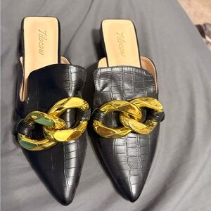 Black and Gold Croc-Embossed Mules